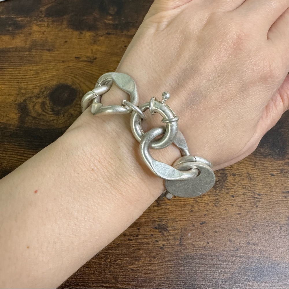 Dyrberg/Kern Bracelet Wavy Hammered Silver Tone Links Discs Chunky Copenhagen
